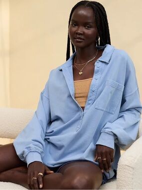 Aerie Take It Easy Popover Polo Sweatshirt Blue Small